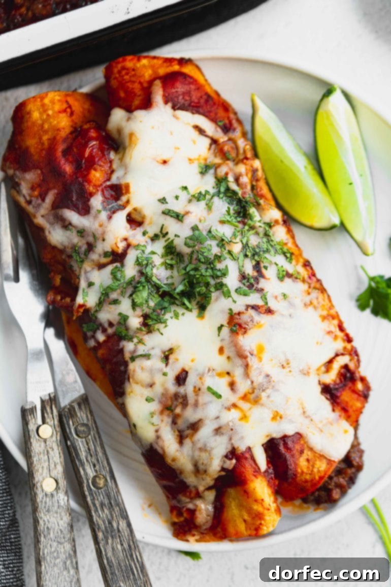 Close-up of a bubbling casserole dish filled with golden-brown, cheesy ground beef enchiladas, fresh out of the oven, topped with herbs.