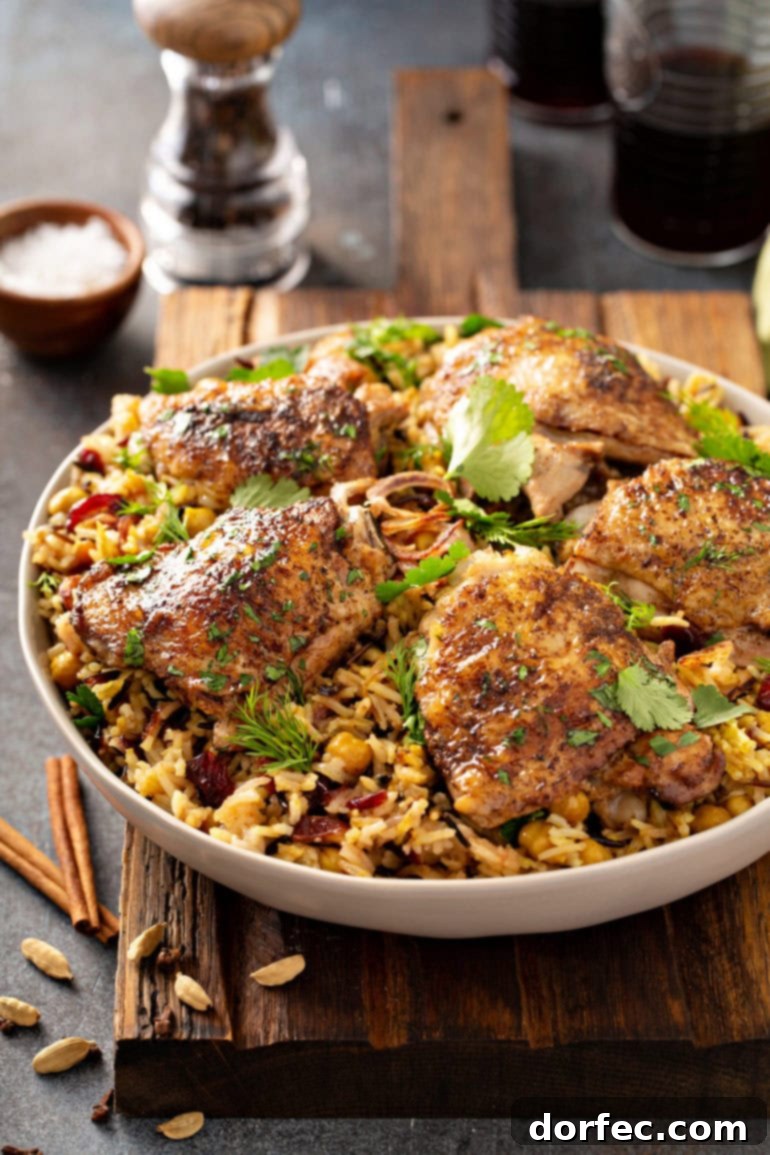 A large, inviting bowl of Jerusalem rice topped with perfectly cooked Jerusalem chicken thighs, generously sprinkled with fresh cilantro and dill leaves, with cinnamon sticks and seasoning dishes nearby.