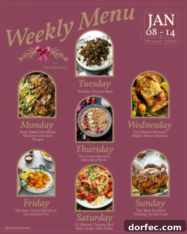 Your Weekly Meal Plan January 8-14 2 A vibrant graphic displaying a neatly organized weekly menu plan with diverse meal options, symbolizing effortless meal preparation and healthy eating.