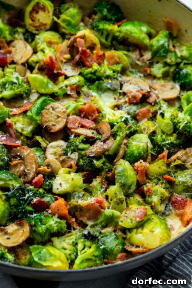 a photo of creamy brussel sprouts and broccoli with sauteed sliced mushrooms and crunchy bacon bits