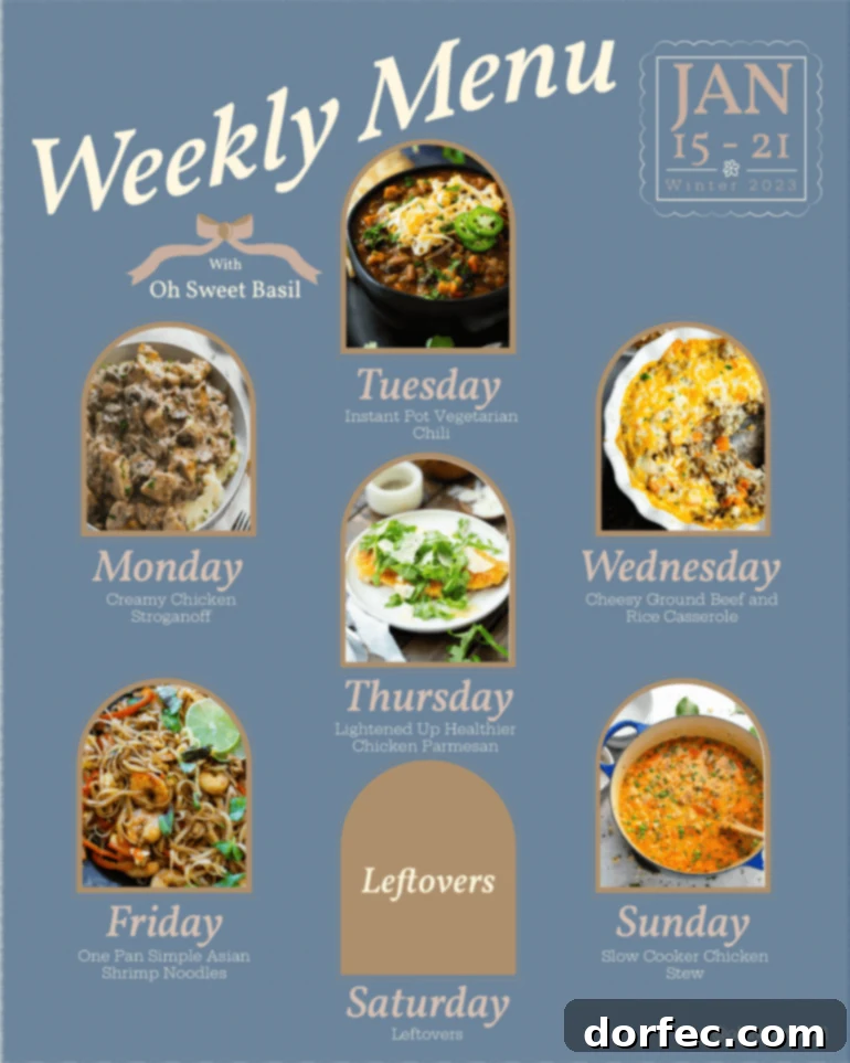 A beautifully designed graphic showcasing the weekly meal plan from January 15th to January 21st, featuring illustrations of various dishes.