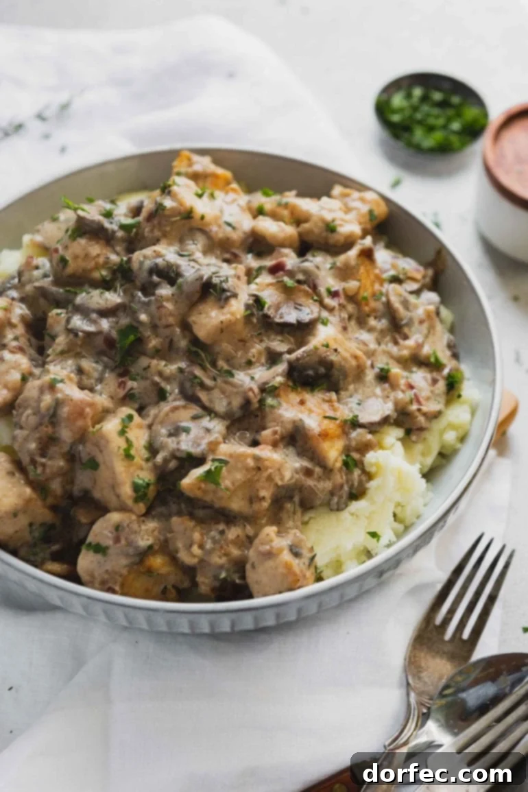 A serving of creamy chicken stroganoff over mashed potatoes. There are chunks of chicken and mushrooms in a creamy, savory sauce, garnished with fresh parsley.