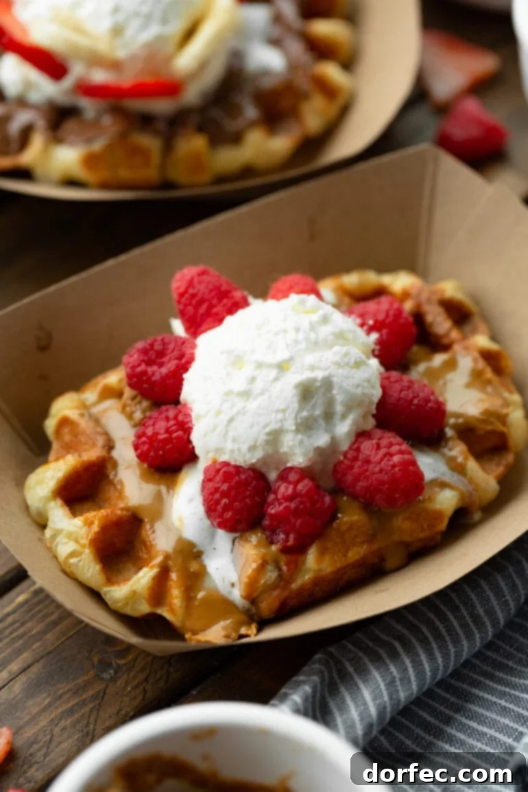 a photo of a large rectangular golden waffle topped with Biscoff cookie butter, whipped cream and fresh raspberries