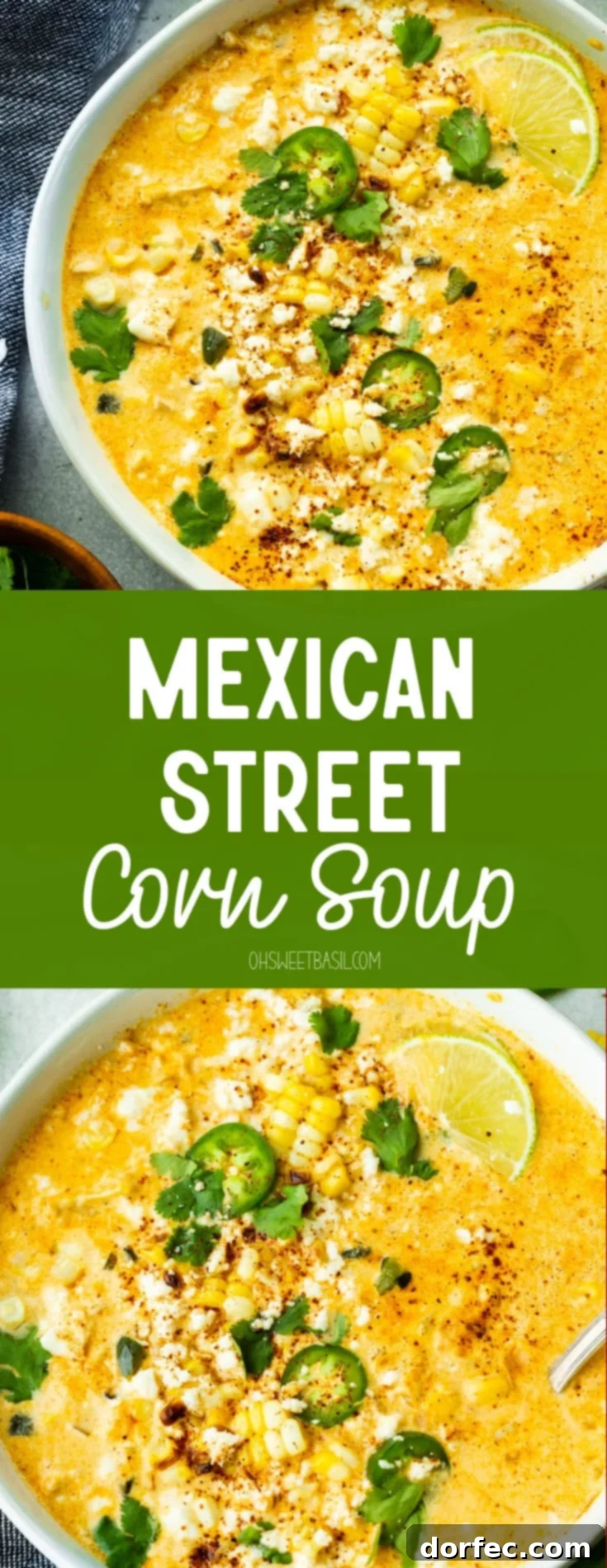 Elote Corn Soup 10 A large bowl of creamy Elote Corn Soup, beautifully topped with vibrant slices of jalapeño, fresh lime wedges, crumbled Cotija cheese, and chopped cilantro, ready to be enjoyed.