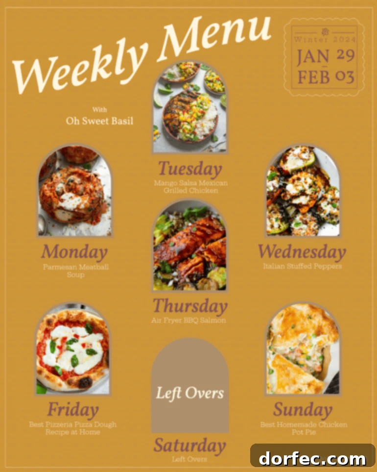 A colorful graphic displaying a weekly menu plan with diverse recipes for each day, designed for family enjoyment and ease of preparation.