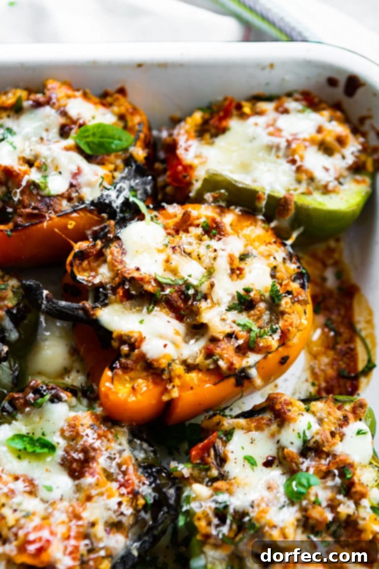 Several vibrant bell peppers, generously stuffed with a savory filling, topped with golden melted mozzarella cheese and garnished with fresh green basil leaves.