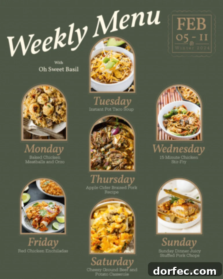 A vibrant graphic showing a menu plan for a week, featuring appealing dishes and days of the week.