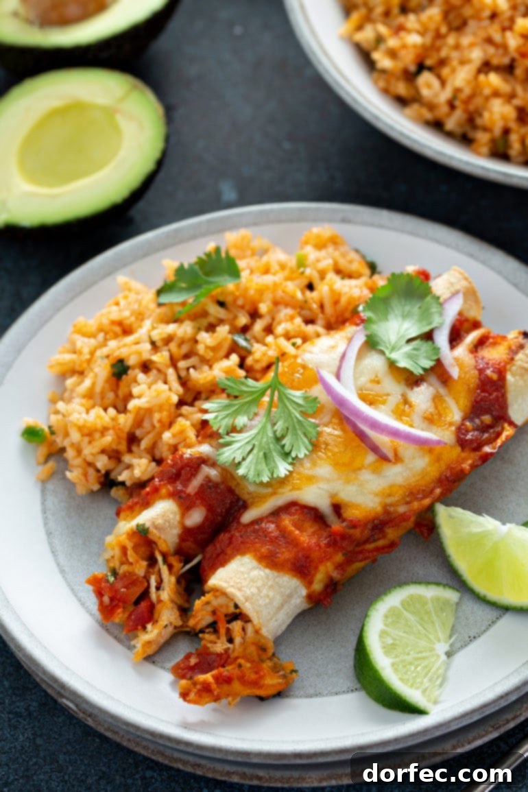 A vibrant dinner plate featuring two perfectly rolled red chicken enchiladas, garnished with fresh cilantro and red onion slices. Accompanying them are two bright lime wedges and a generous serving of Spanish rice, with sliced avocado and another bowl of rice subtly blurred in the background, creating a mouth-watering Mexican feast.