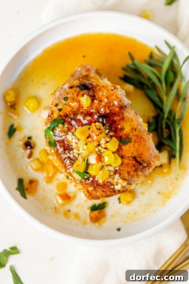 An elegantly plated stuffed pork chop, featuring a visible, savory corn-flecked stuffing peeking out, generously drizzled with a rich sauce and garnished with a sprig of fresh sage on the edge of the plate, signaling a gourmet Sunday dinner.