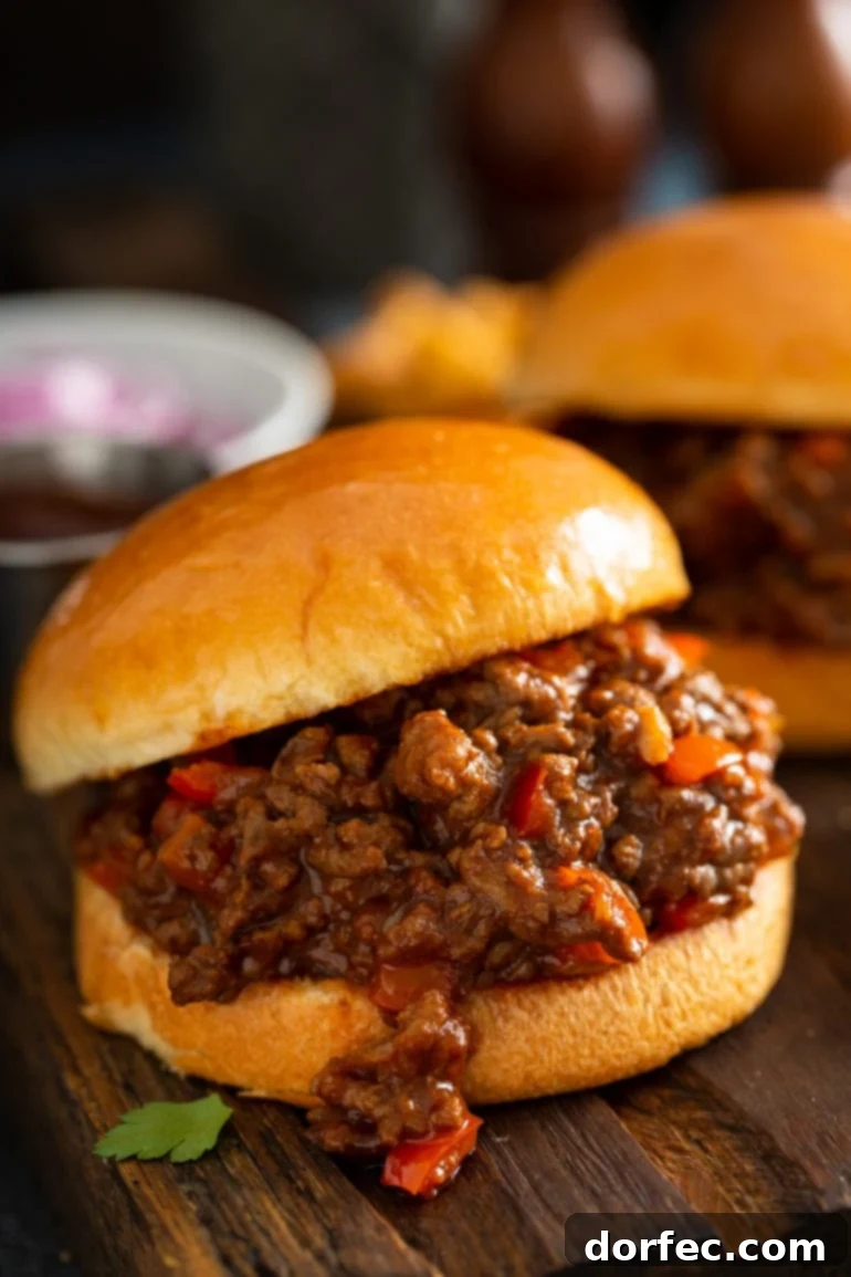Weekly Menu Plan - Feb. 12-18 3 Sloppy joe on a toasted bun. The sloppy joe has browned hamburger and chopped red bell peppers and is thick and saucy. Another sloppy joe and a small bowl of sliced onions is in the background.