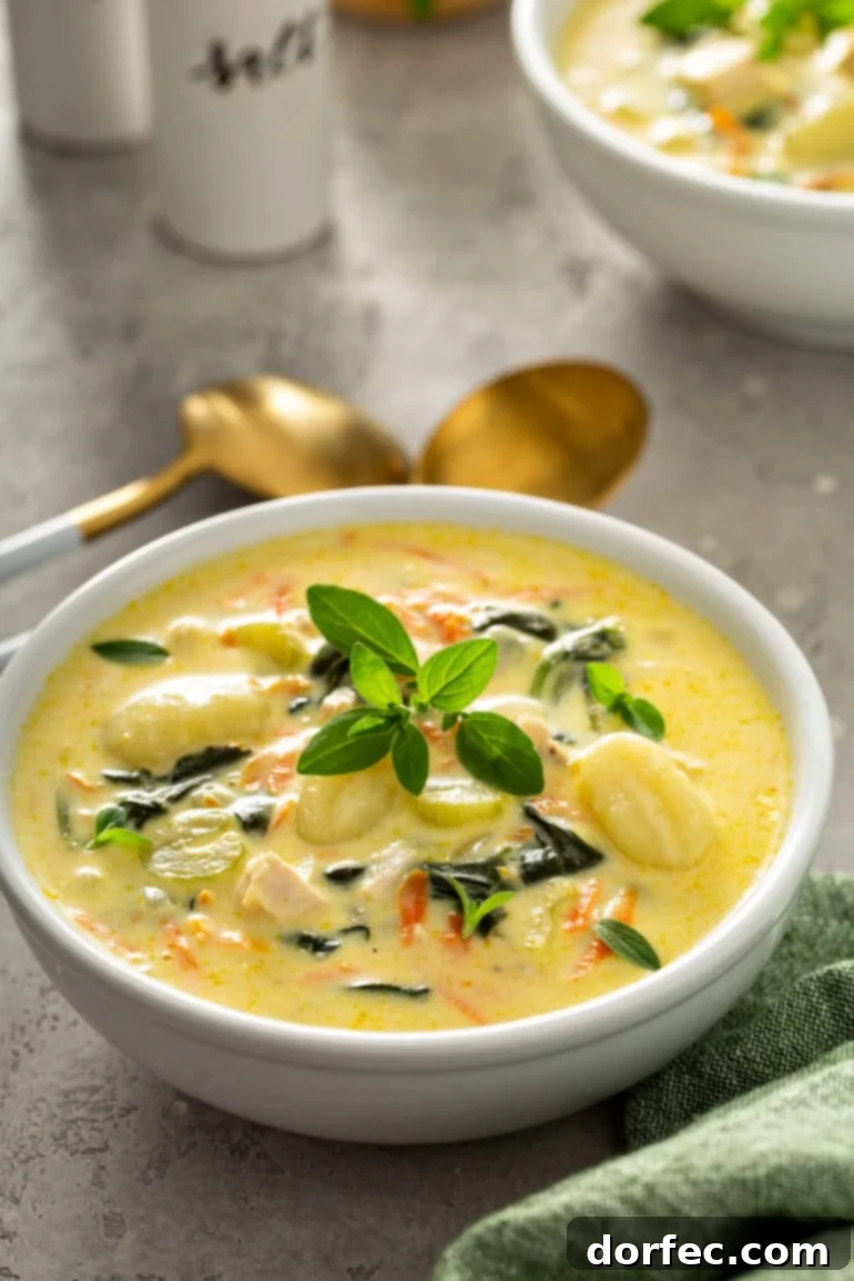 Weekly Menu Plan - Feb. 12-18 4 A bowl of copycat gnocchi soup. There are shredded carrots, gnocchi, celery, and chicken in a creamy soup. Two soup spoons are next to the bowl of soup and a sprig fresh herbs tops the soup.