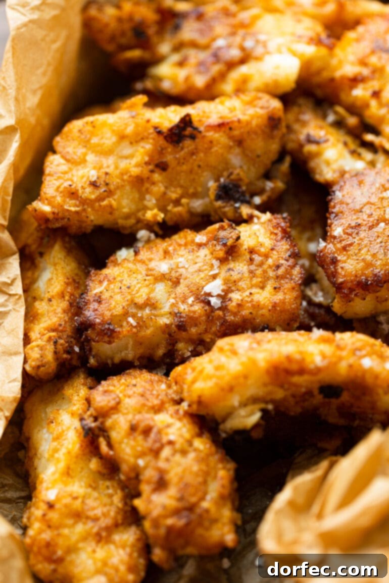 A close-up photo showcasing several pieces of lightly battered, golden-brown fried fish, ready to be assembled into delicious tacos.