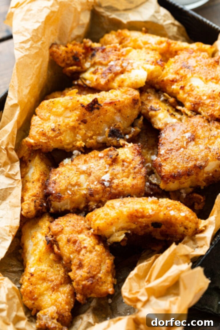 A close-up photograph showcasing several lightly breaded, perfectly golden pieces of fried fish resting on a piece of brown parchment paper, ready for assembly into delicious tacos.