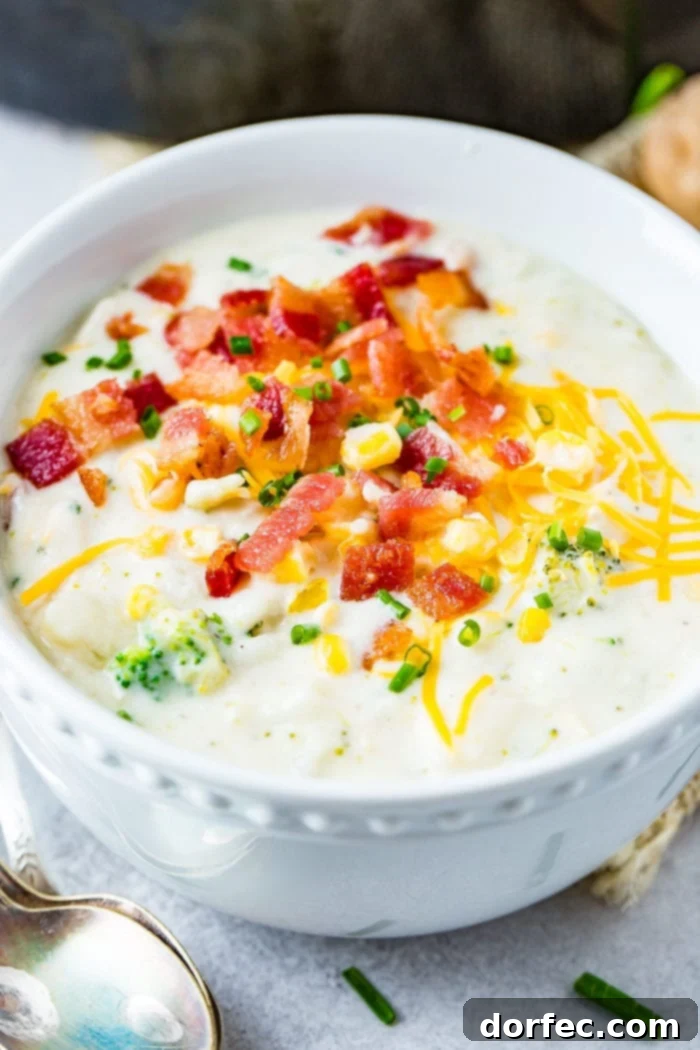 A steaming bowl of creamy potato, broccoli, and corn chowder, garnished with fresh herbs or a swirl of cream, hinting at its rich texture and comforting flavors.
