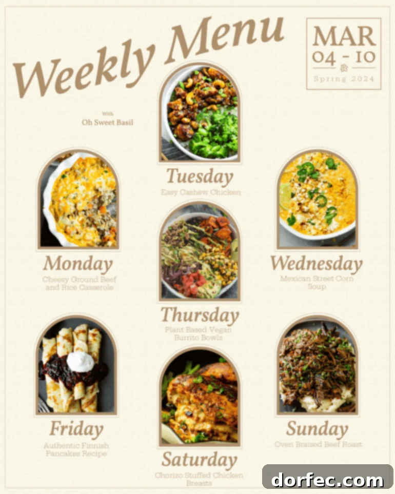 A vibrant and appealing graphic illustrating a delicious weekly menu plan, showcasing diverse and family-friendly dinner ideas for each day, making meal planning effortless.