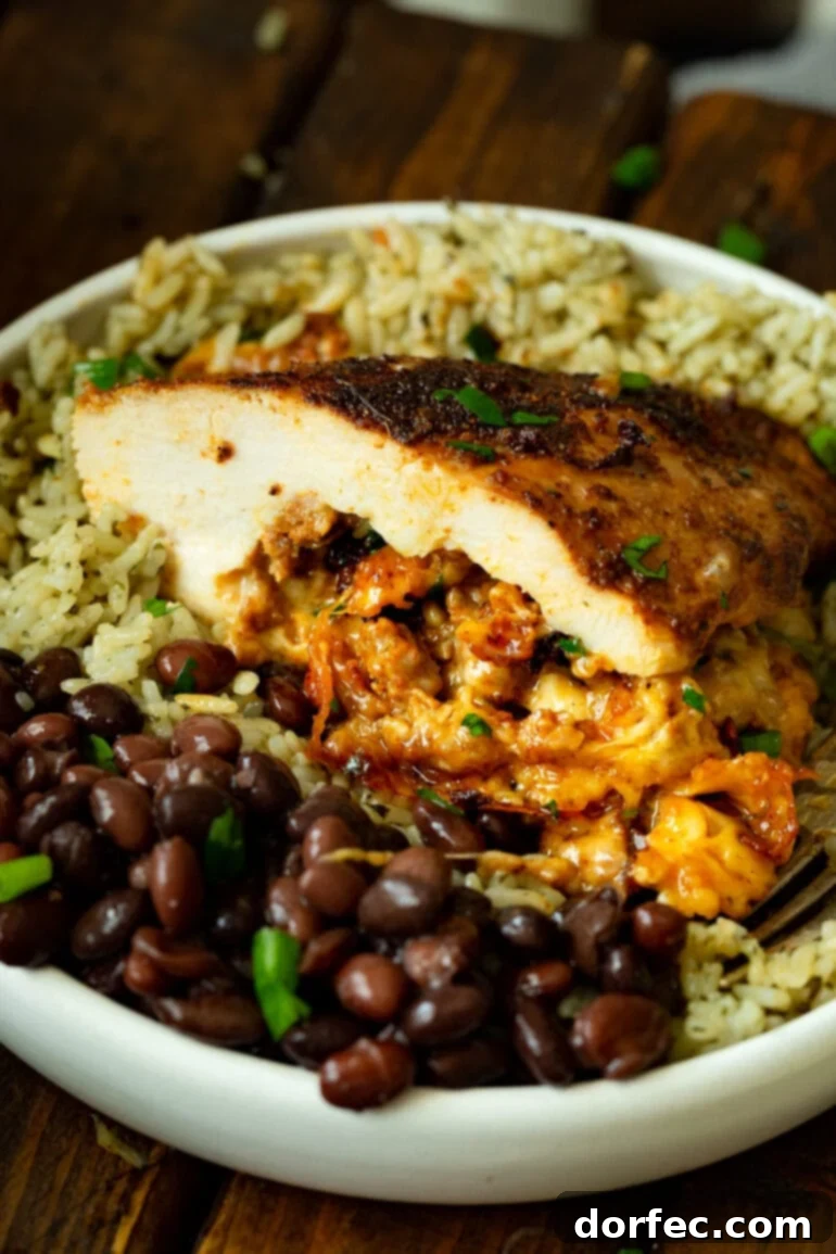 Succulent chicken breasts generously stuffed with a flavorful mixture of spicy chorizo sausage and melted cheese, expertly sliced in half to reveal the rich, savory filling within.