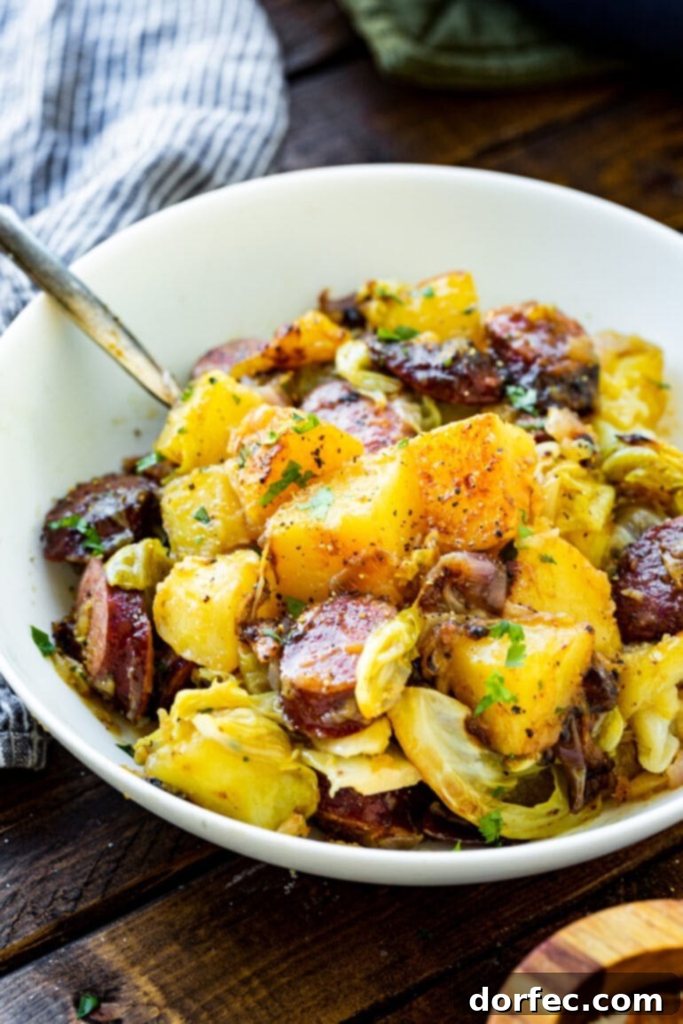 Weekly Meal Plan March 11-17 9 A heartwarming photo of a generously sized white bowl, brimming with a perfectly braised medley of savory sausage, tender cabbage, and soft potatoes, artfully arranged and ready to be served as a comforting and inviting dinner.