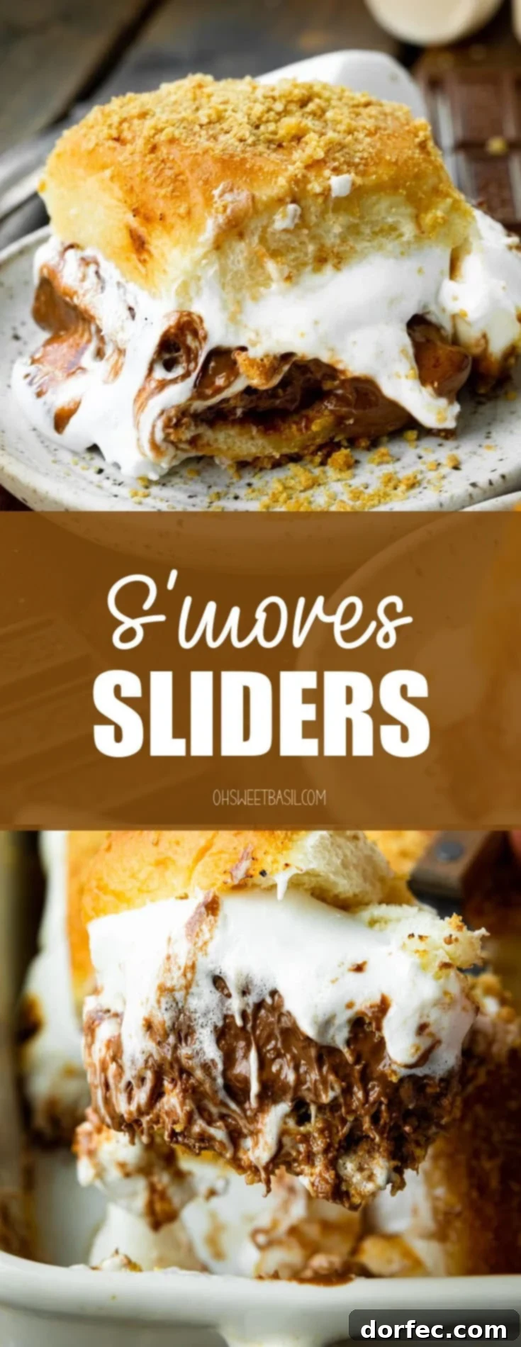 S'mores Sliders 10 A casserole dish full of a dozen s'mores sliders with melted marshmallow coming out the sides and topped with graham cracker crumbs, ready to be served.
