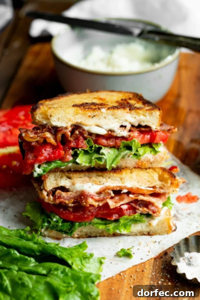 a photo of a blt sandwich that has been cut in half and stacked on top of each other so you can see the inside of the sandwiches which are full of bacon, lettuce and tomatoes and a thick layer of mayo.