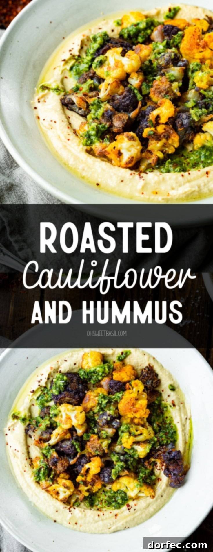 A photo of a serving bowl of creamy hummus topped with crispy golden roasted cauliflower florets and pesto.