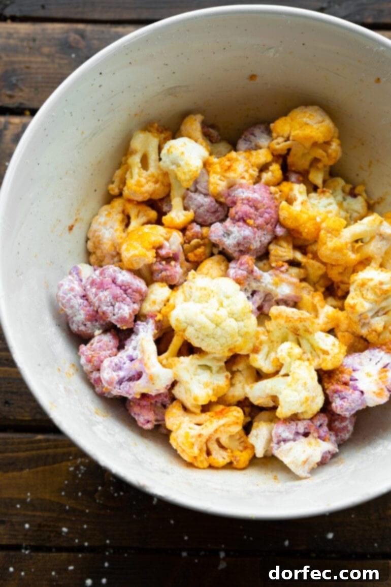 Close-up photo of crispy roasted purple cauliflower florets, showcasing their vibrant color and golden-brown edges.