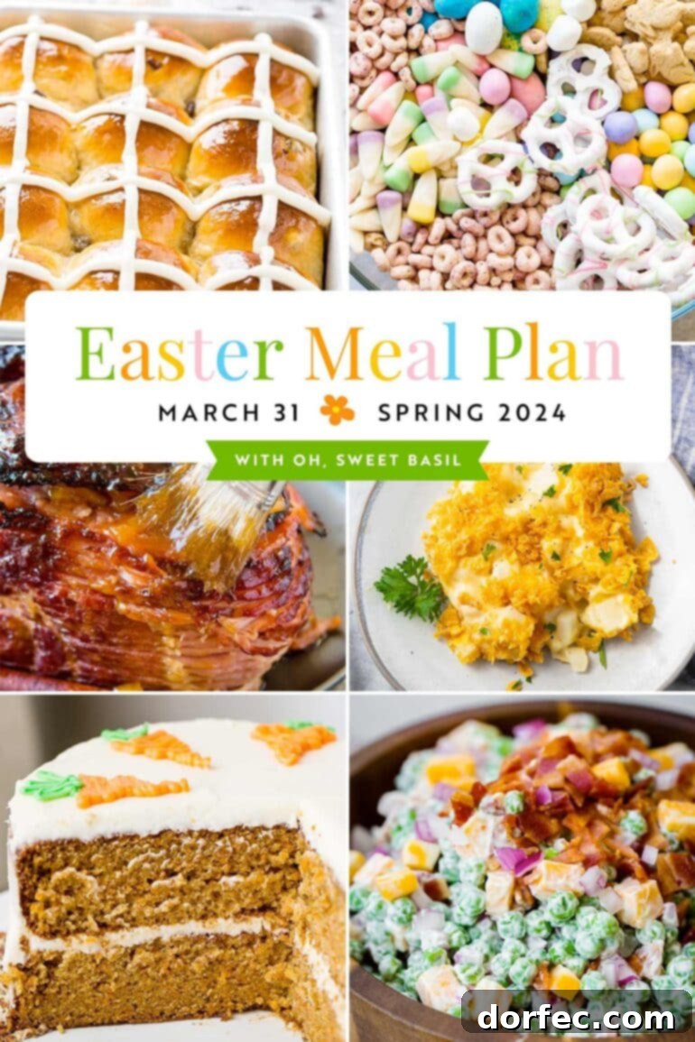 An Easter menu plan graphic showing delicious dishes like brown sugar ham, deviled eggs, cinnamon rolls, and various sides, perfect for a family feast.