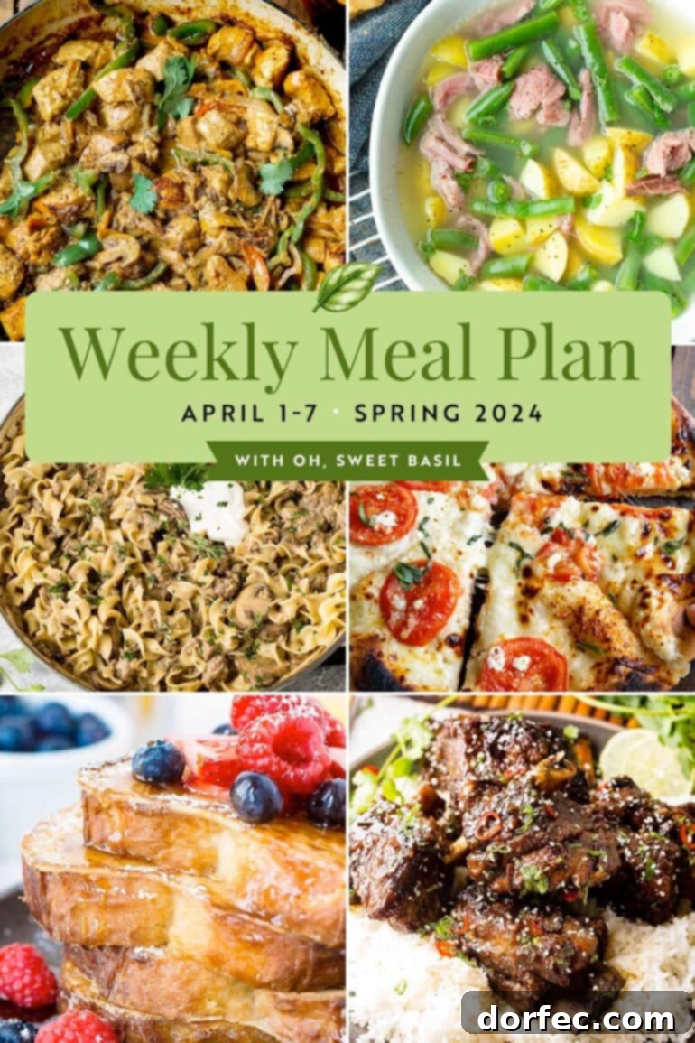 A vibrant graphic illustrating a weekly menu plan with icons and names of various dishes.