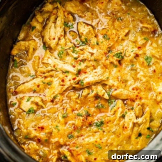 A close-up shot of tender Pineapple Mexican Shredded Chicken, ready to be served in tacos, bowls, or salads, cooked effortlessly in an Instant Pot or slow cooker.