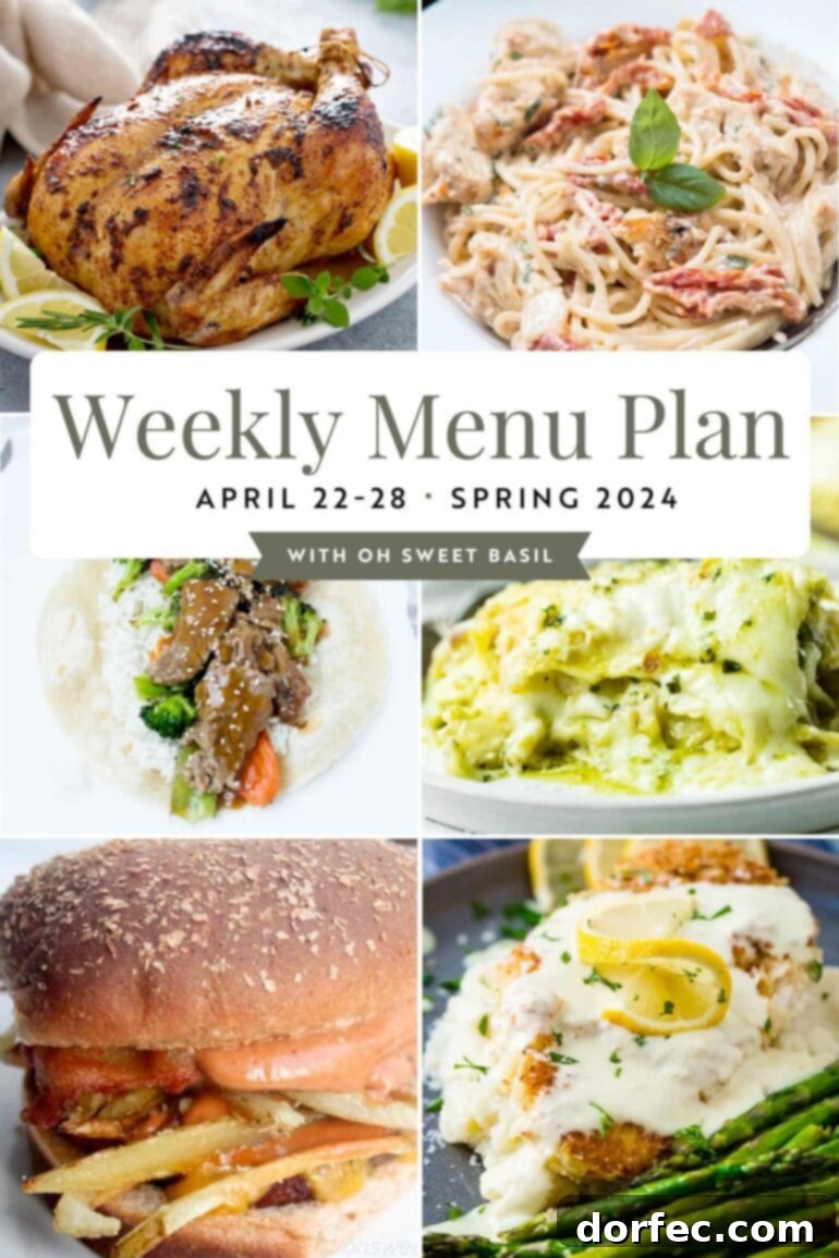 Weekly Meal Plan: April 22-28 2 A vibrant graphic displaying a weekly menu plan with daily meals and corresponding dates for April 22-28, showcasing a blend of hearty and fresh dishes.