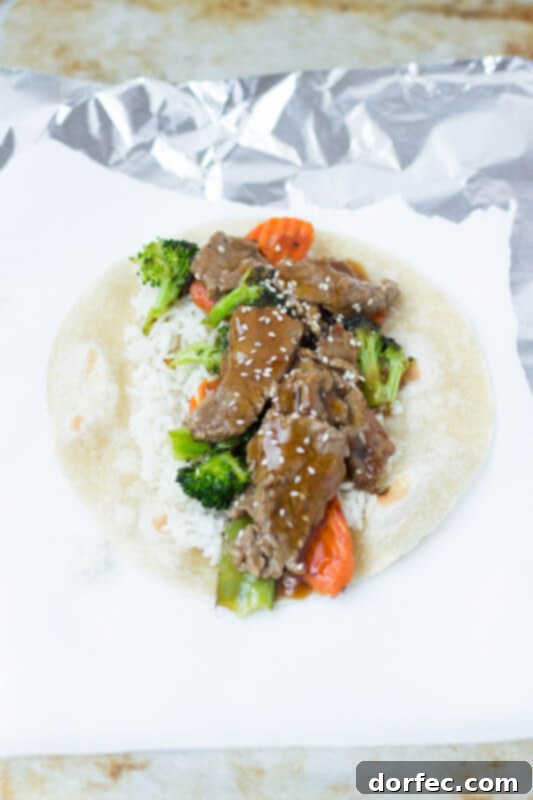 Weekly Meal Plan: April 22-28 5 A vibrant Teriyaki Beef Wrap, generously filled with seasoned beef, fresh vegetables, and a delicious sauce, perfectly rolled and ready to eat.