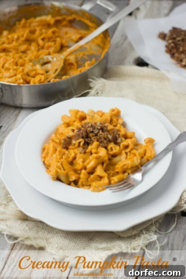Creamy Pumpkin Pasta sauce with crunchy brown sugar pecans. You have to try to truly understand just how fantastic this pasta dish is! #fishernuts ohsweetbasil.com