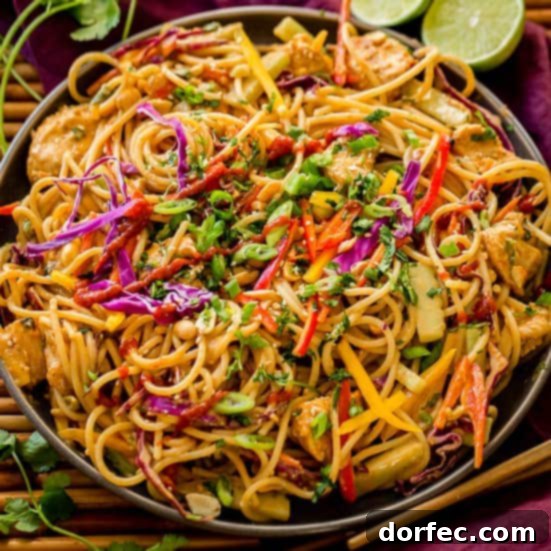 Delicious Thai Peanut Noodles with chicken and fresh vegetables