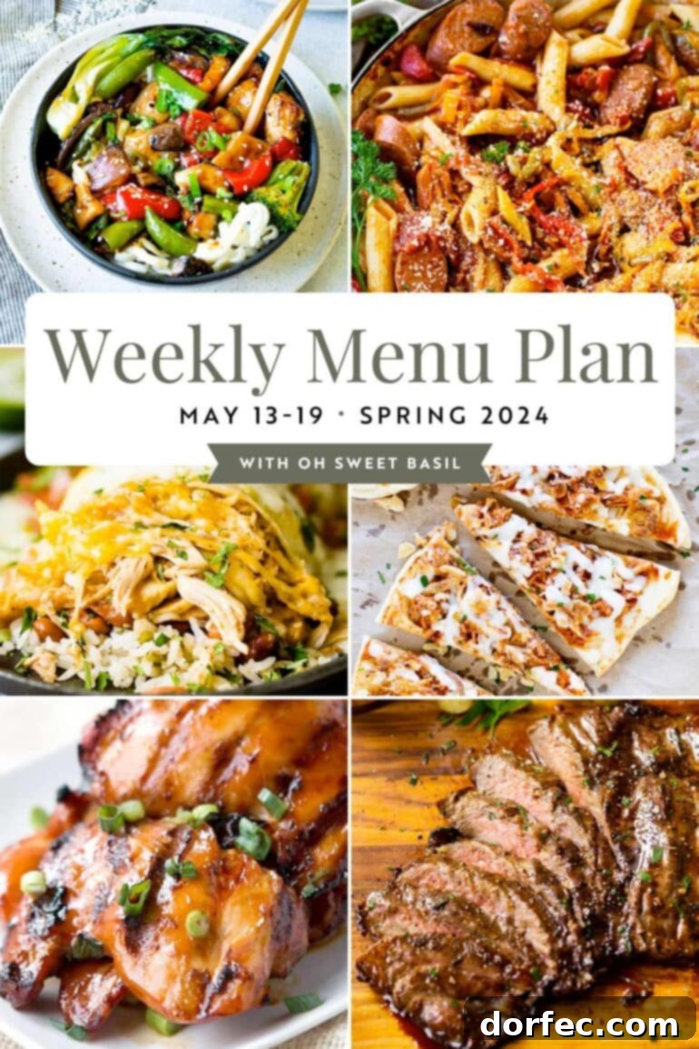 A vibrant collage showcasing diverse dinner recipes for the week of May 13-19, featuring dishes like chicken stir-fry, pulled pork, pasta, burritos, pizza, grilled chicken, and flank steak.