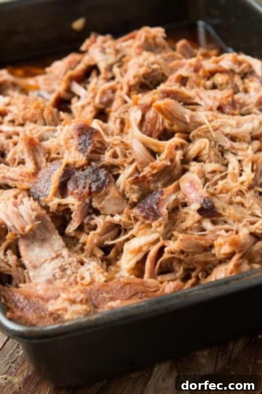 A mouth-watering image of perfectly cooked pulled pork, rich in color and texture, inviting diners to discover the secret behind its world-class taste.