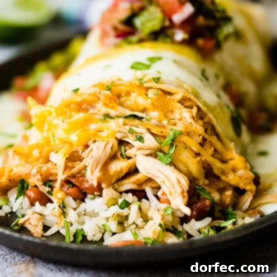 Close-up of golden-brown smothered honey lime chicken burritos, generously topped with sauce and melted cheese.