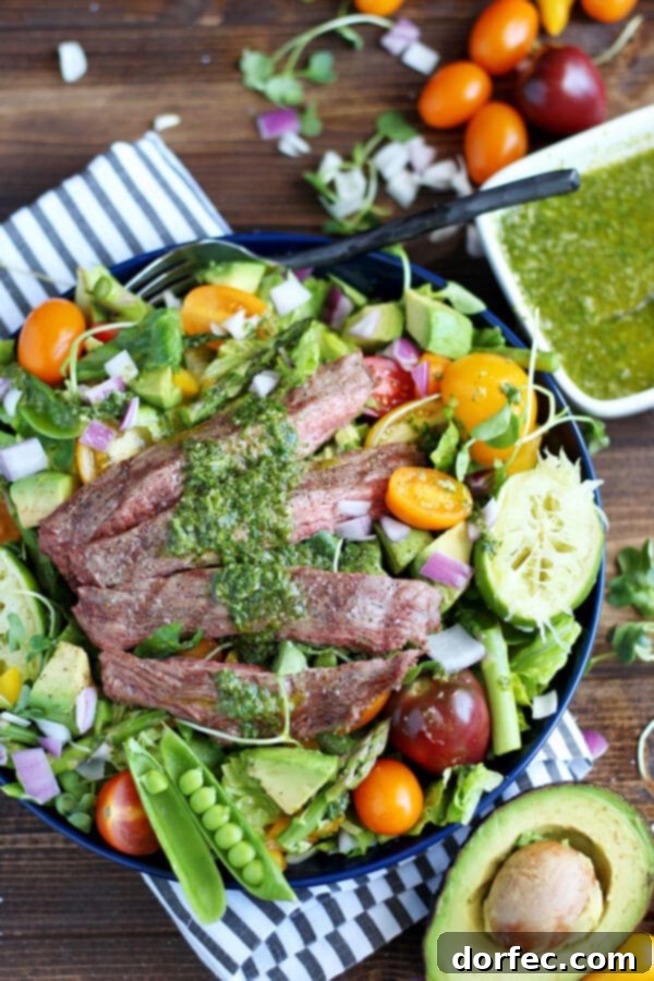 A vibrant and fresh Grilled Flank Steak Summer Salad, served with a zesty Cilantro Lime Vinaigrette, perfect for a healthy and satisfying meal.