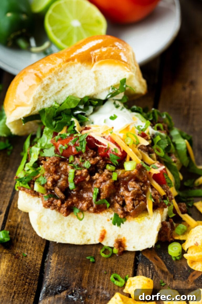 A delicious photo of a brioche hamburger bun generously loaded with seasoned taco meat, topped with crisp shredded lettuce, sharp cheddar cheese, diced fresh tomatoes, a dollop of sour cream, and crunchy Fritos chips scattered around for extra texture.