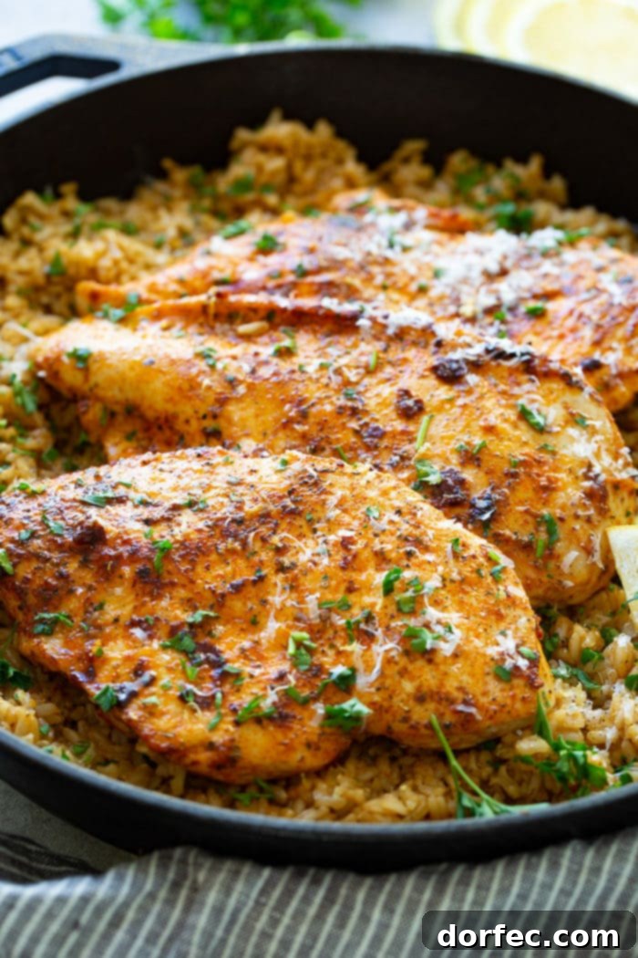 A hearty cast iron pan filled with perfectly cooked Simple Garlic Butter Parmesan Chicken served alongside fragrant Lemon Rice, showcasing a delicious and complete meal.