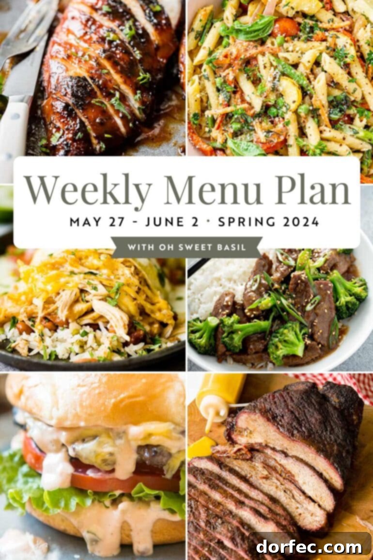 A vibrant collage showcasing a variety of delicious summer meals for a weekly menu plan, featuring grilled chicken, fresh pasta, burritos, and more, perfect for easy family dinners.