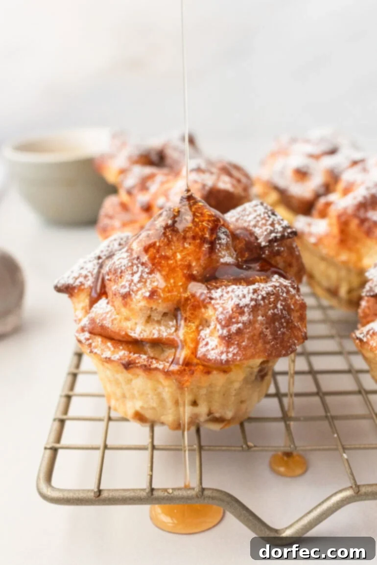 A beautiful arrangement of golden air-fried French toast muffins, artfully topped with a generous dusting of powdered sugar and glistening with a drizzle of rich maple syrup.