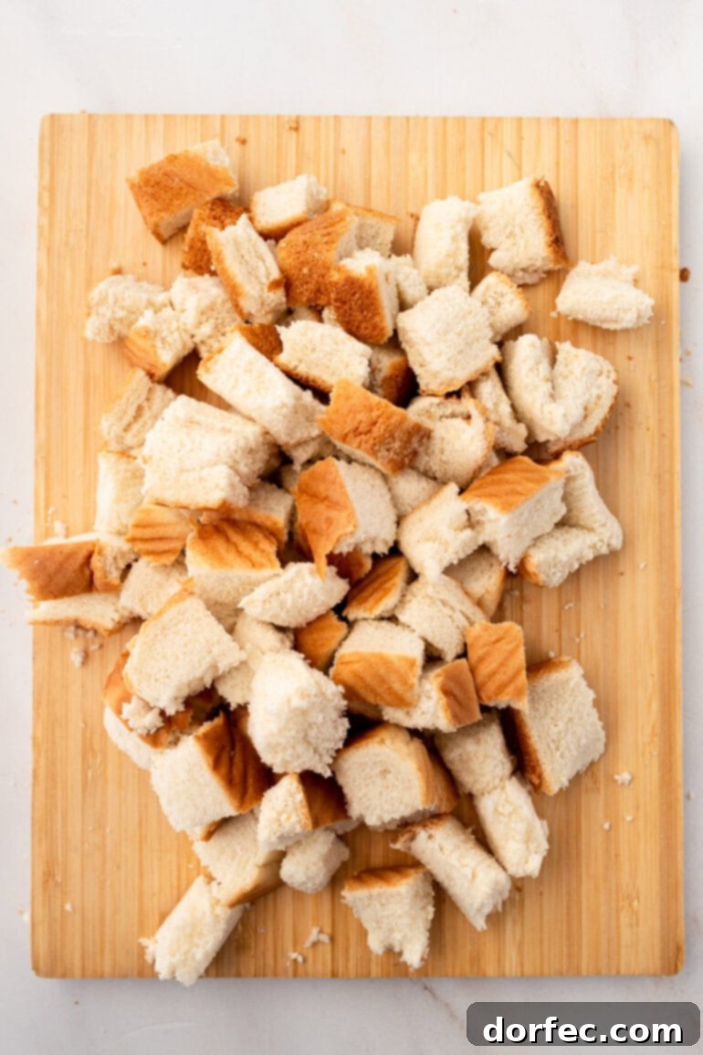 Diced bread cubes ready to be coated in the French toast custard mixture.