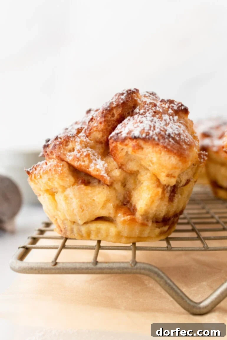 A close-up side view of a baked French toast muffin, showcasing the distinct layers of cubed bread and the tender, custardy interior.