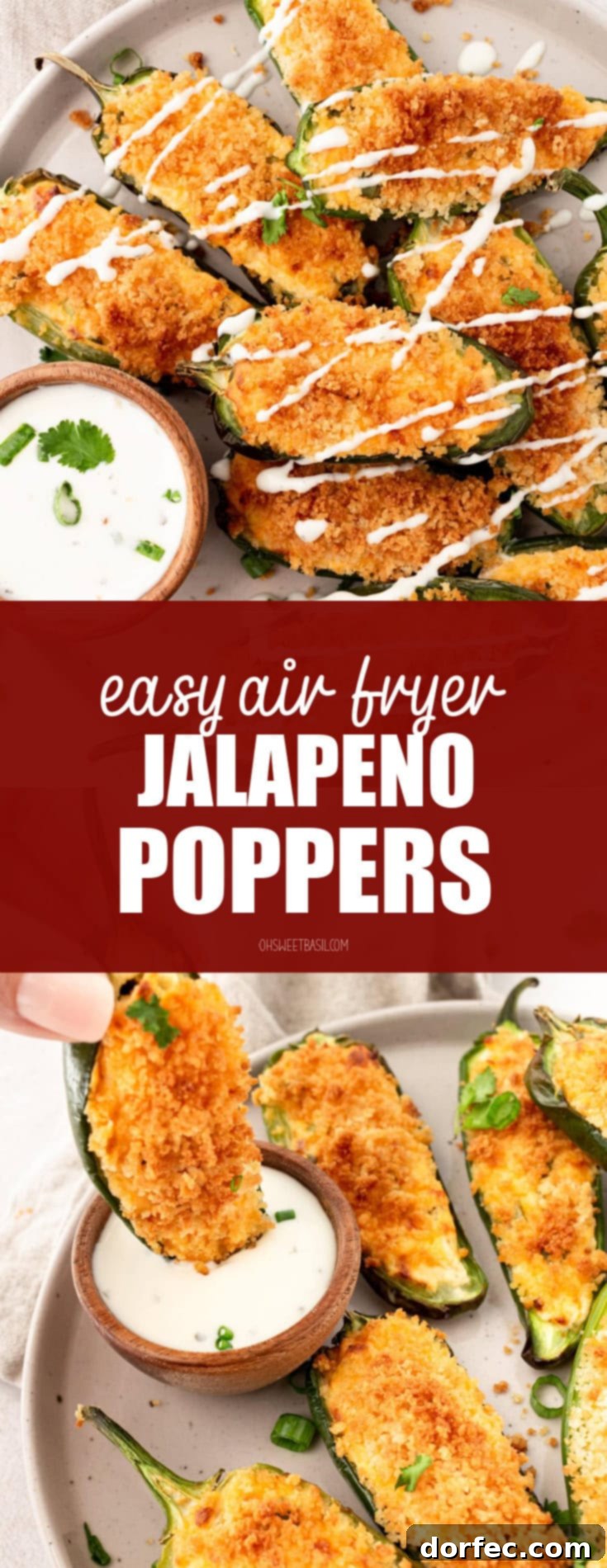 A hand dipping a perfectly golden, crispy air fryer jalapeño popper into a small cup of creamy ranch dressing.