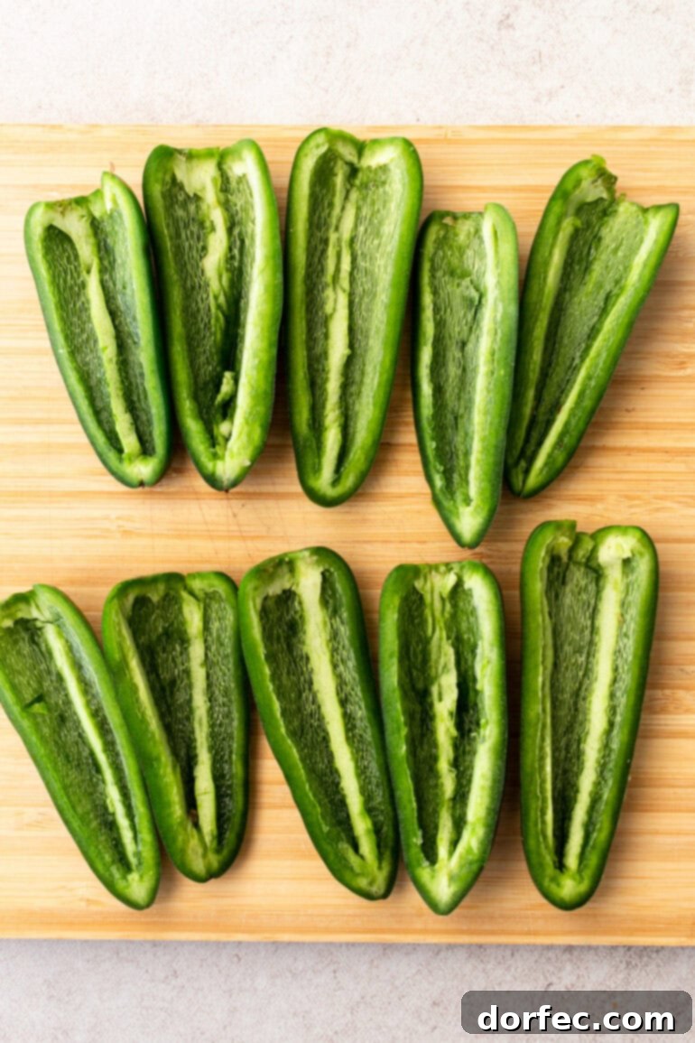 Step-by-step photos illustrating how to prepare and fill jalapeño halves with cream cheese mixture.