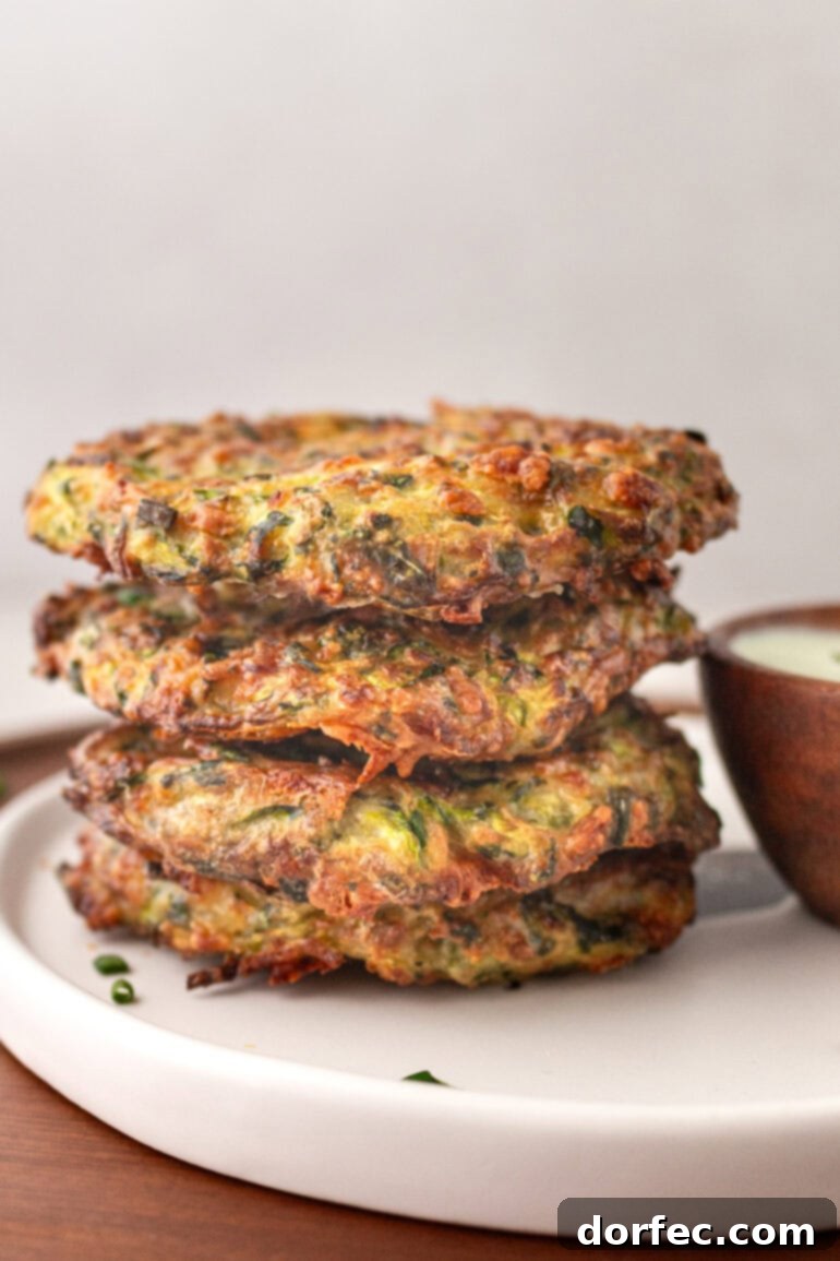 Crispy Parmesan Basil Zucchini Fritters 12 A pristine stack of four golden, crispy zucchini fritters elegantly presented next to a small bowl of creamy white dipping sauce, ready for serving.