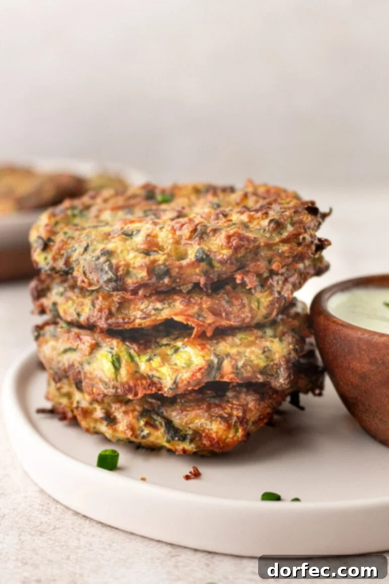 Crispy Parmesan Basil Zucchini Fritters 3 A close-up shot of four perfectly stacked golden zucchini fritters, showcasing their crisp edges and vibrant specks of basil, alongside a small bowl of creamy dipping sauce.