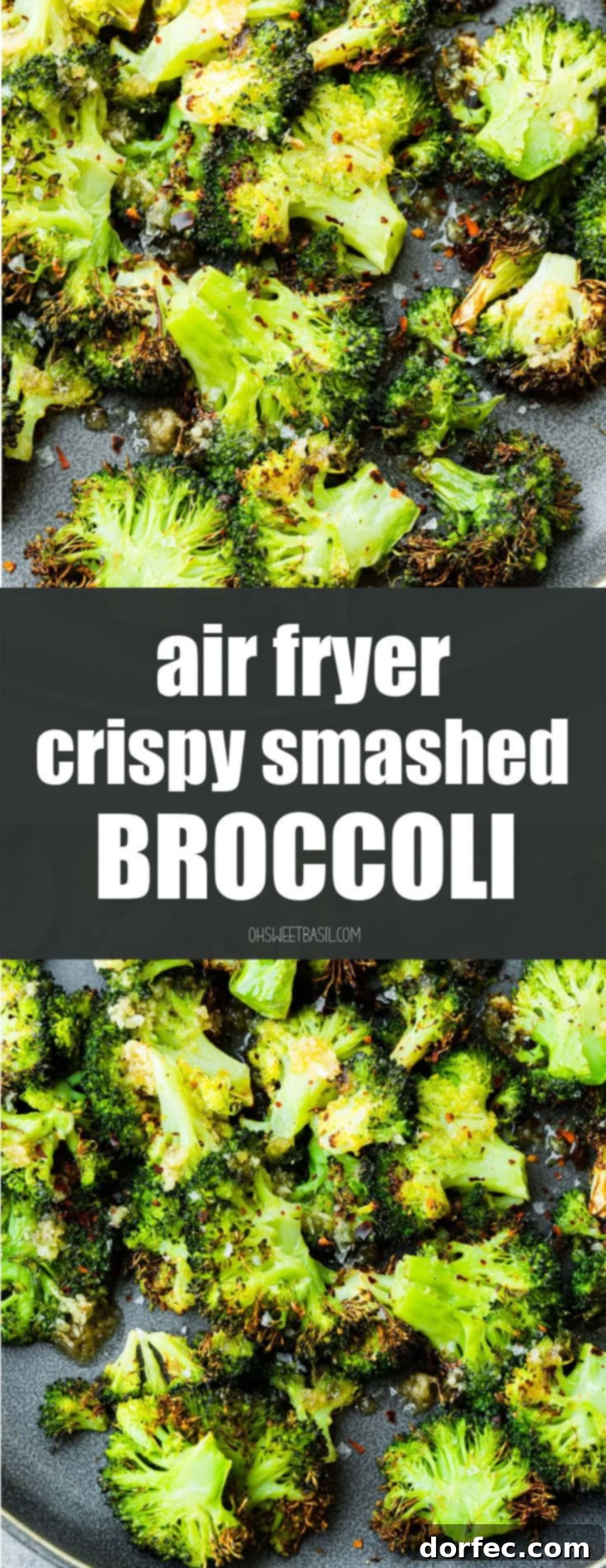 A large photo showcasing a heap of crispy broccoli florets on a dark gray plate.