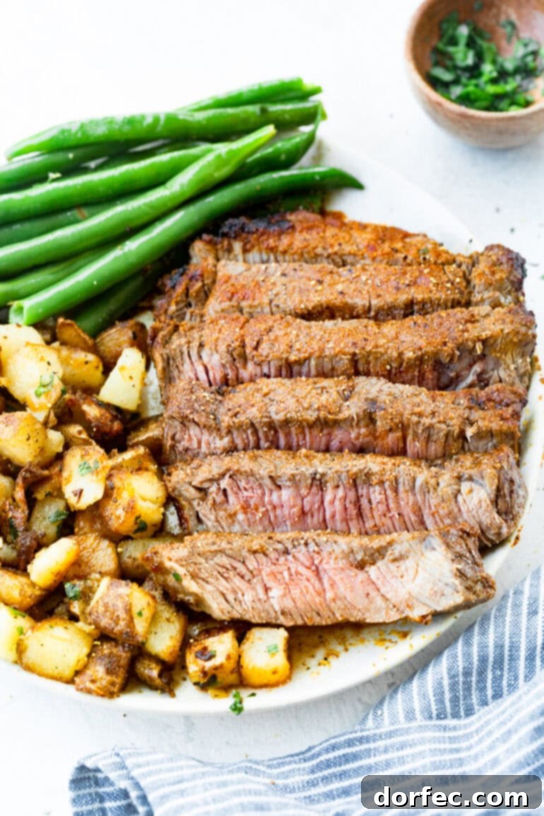 a photo of a plate of sliced steak with roasted potatoes and cooked green beans.