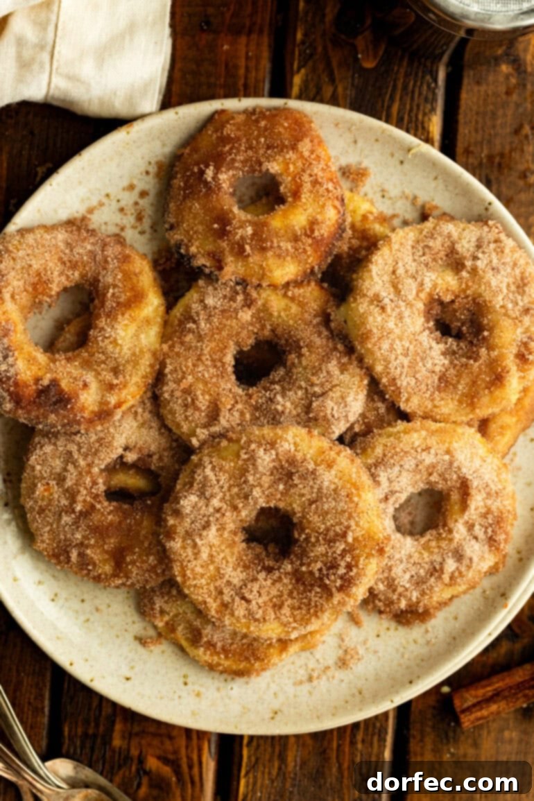 Several golden air-fried apple rings coated in cinnamon sugar, arranged artfully on a large serving plate, perfect for sharing.