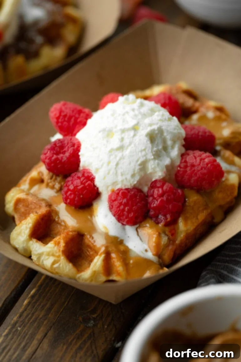 A photo of a large golden Liege waffle topped with melty Biscoff cookie butter, fresh raspberries, and crème fraîche. A delicious homemade Liege waffle.